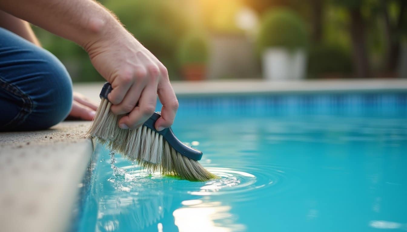 A pool technician crouched beside a bright residential pool in daylight, using a digital water tester with focused attention, five fingers clearly visible, natural hand positioning, clear reflection of sunlight on calm pool surface, subtle blur of garden and poolside equipment in background, balanced tones and clean atmosphere.