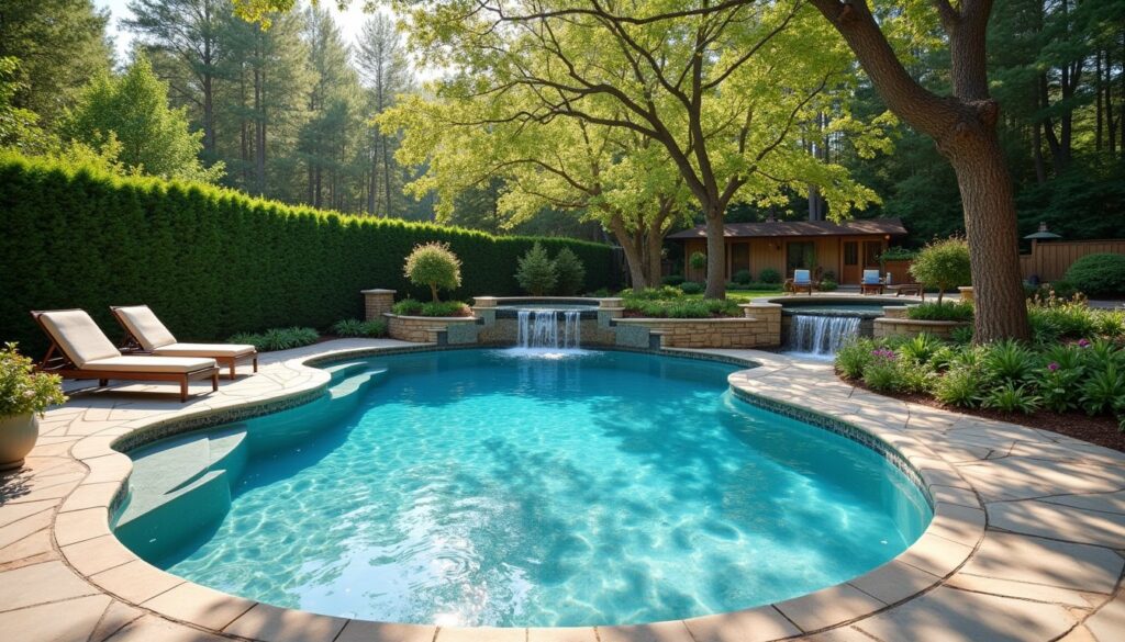 Elegant pool and spa design with clean stone decking and greenery