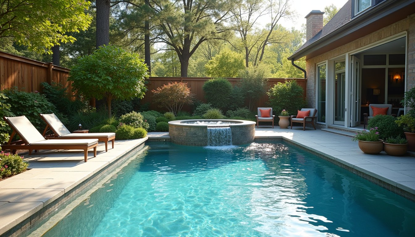 Sunlit residential backyard with built-in spa addition