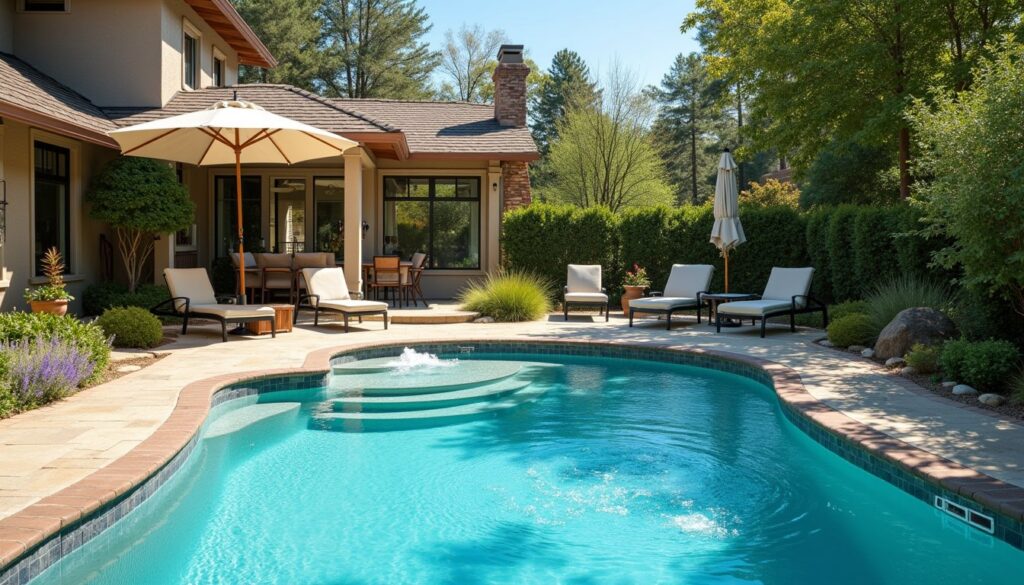 Spacious patio with pool, raised spa, and comfortable lounge chairs