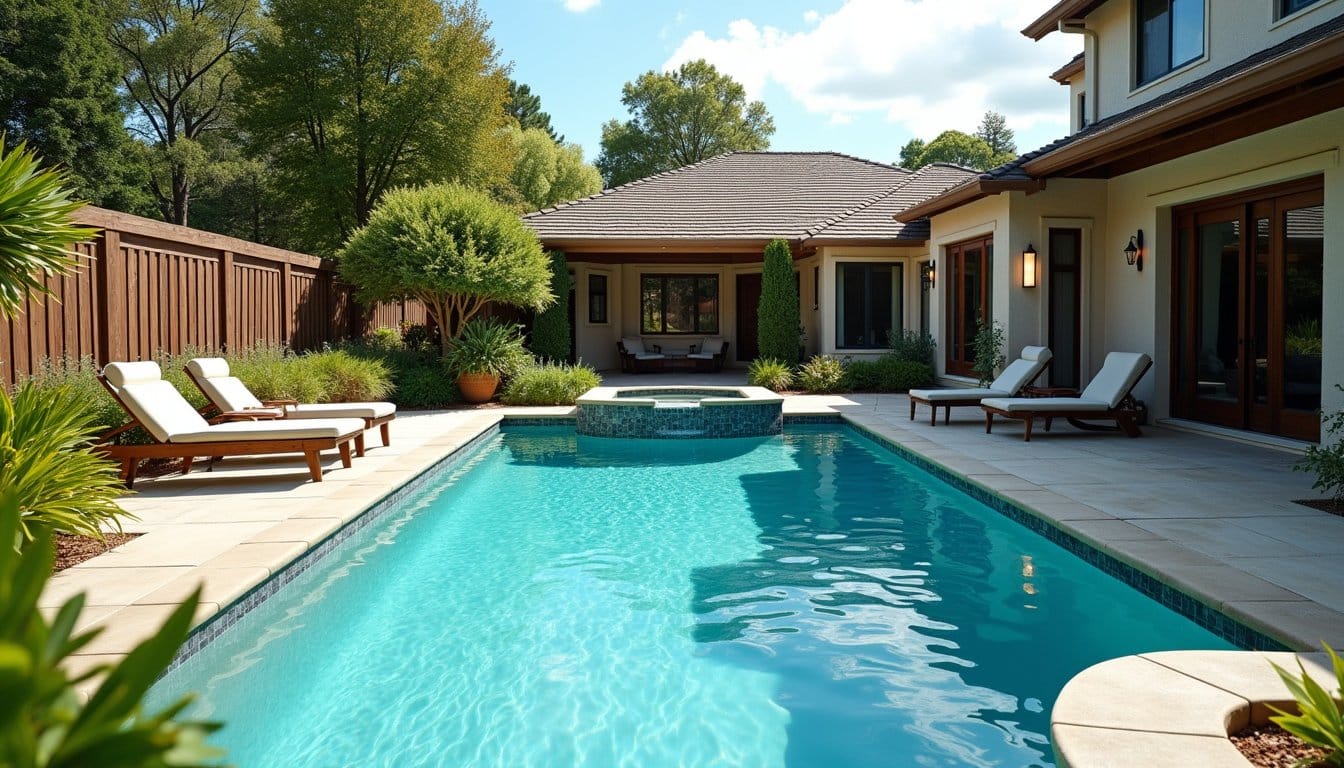 Bright outdoor setting with custom spa addition and pool deck