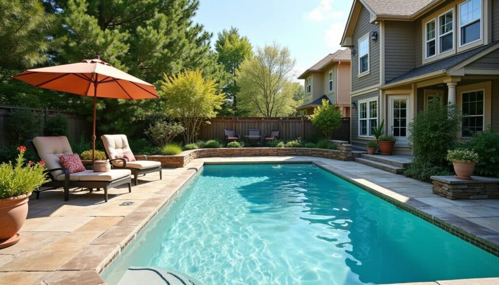 Sunny backyard with integrated spa addition and patio lounge chairs
