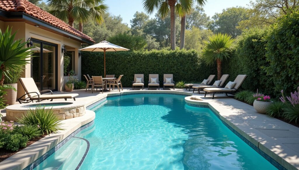 Bright backyard pool featuring a raised spa addition and lounge seating