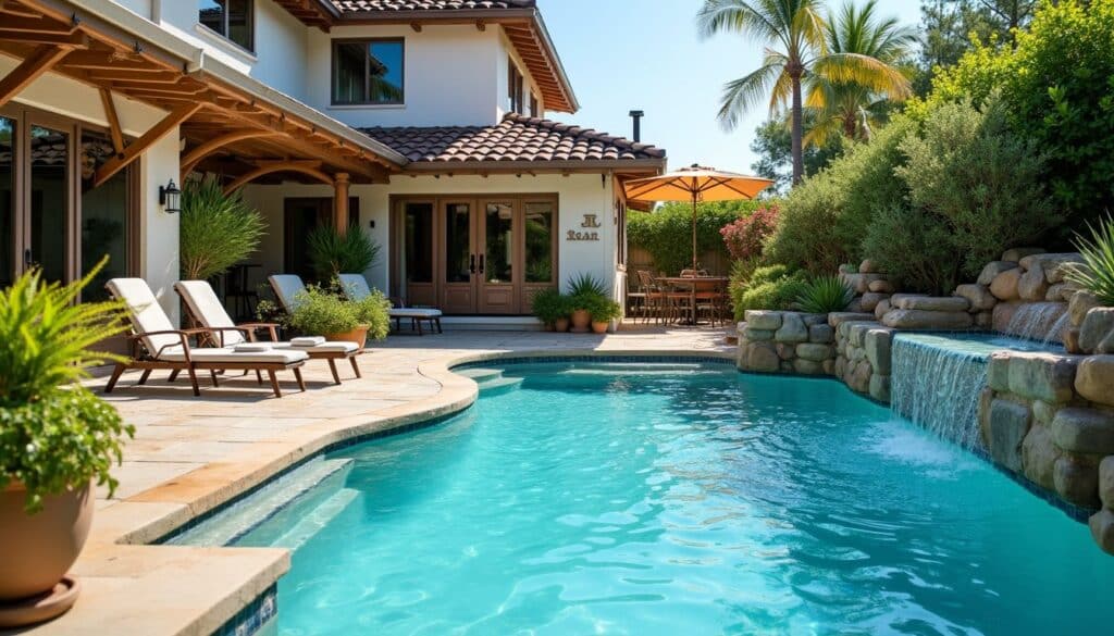 Backyard oasis showcasing a spa addition and relaxing seating area