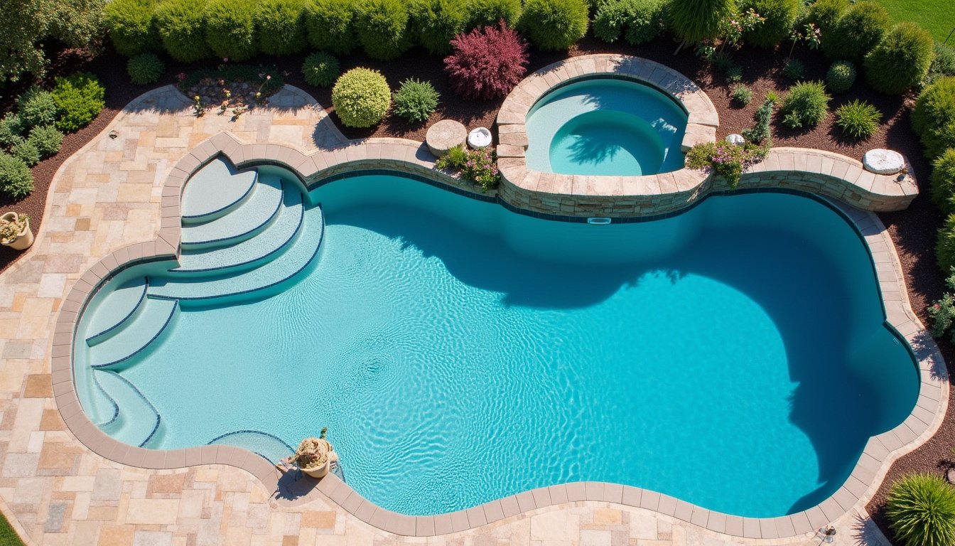 Overhead view of backyard pool with new spa addition and homeowner poolside
