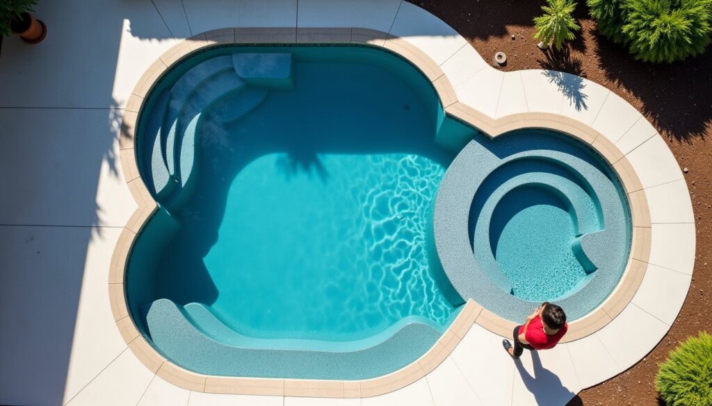 Aerial perspective of pool and integrated spa with homeowner nearby