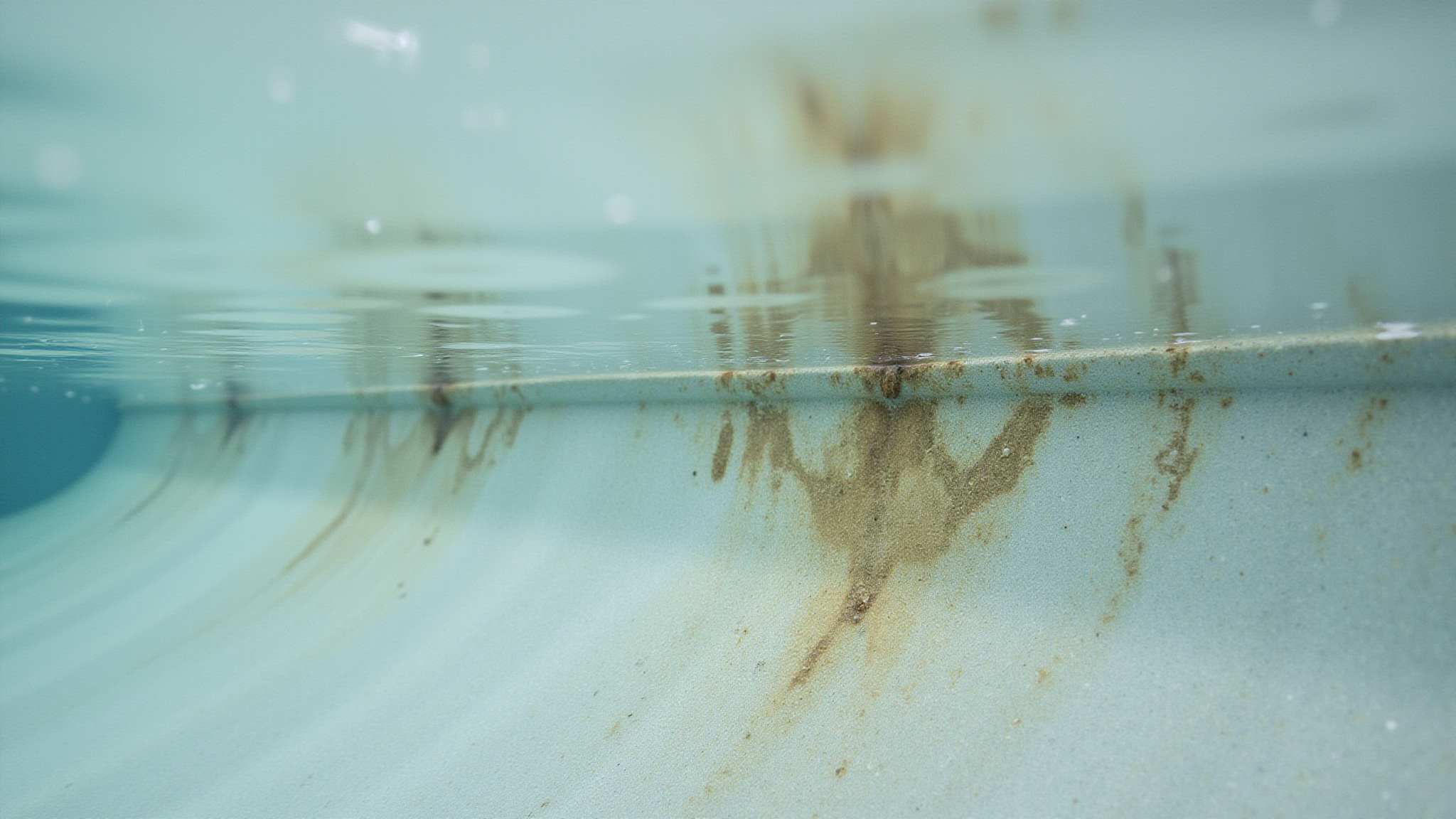 rust red brown stains indicating metal corrosion in saltwater pool